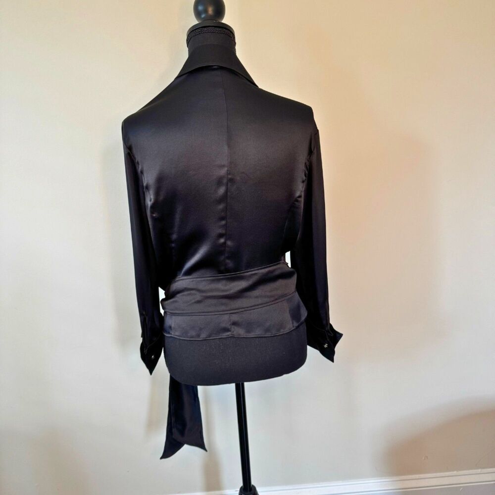 Escada 100% Silk Black Wrap Around Blouse with Crystal Button Cuff Size 8 - Picture 5 of 7